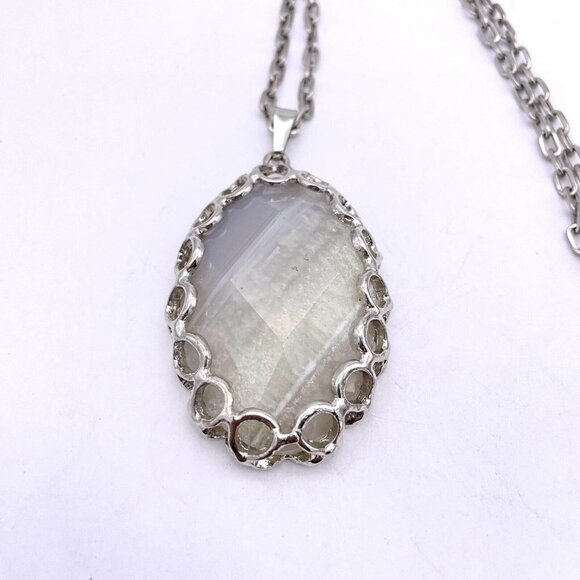 Large Oval Shape Agate Pendant Round Link Chain Necklace 34 Inch - Picture 6 of 6